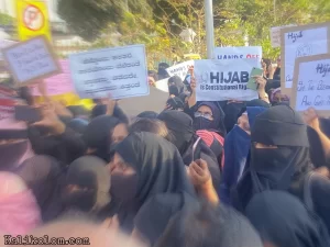 Women in Karnataka on February 7 protest against the decision by some Karnataka colleges to ban students from attending class in hijabs.