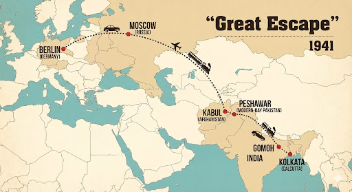 ১৯৪১ সালে নেতাজির 'The Great Escape'-এর যাত্রাপথের মানচিত্র (কলকাতা থেকে বার্লিন)।