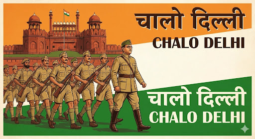 নেতাজির নেতৃত্বে আজাদ হিন্দ ফৌজের 'দিল্লি চলো' অভিযানের একটি কাল্পনিক পোস্টার।