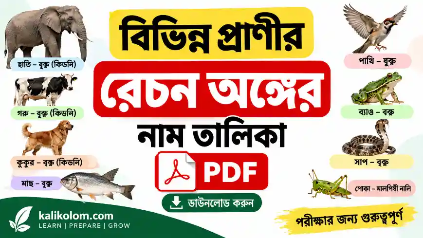 বিভিন্ন প্রাণীর রেচন অঙ্গের নাম তালিকা PDF